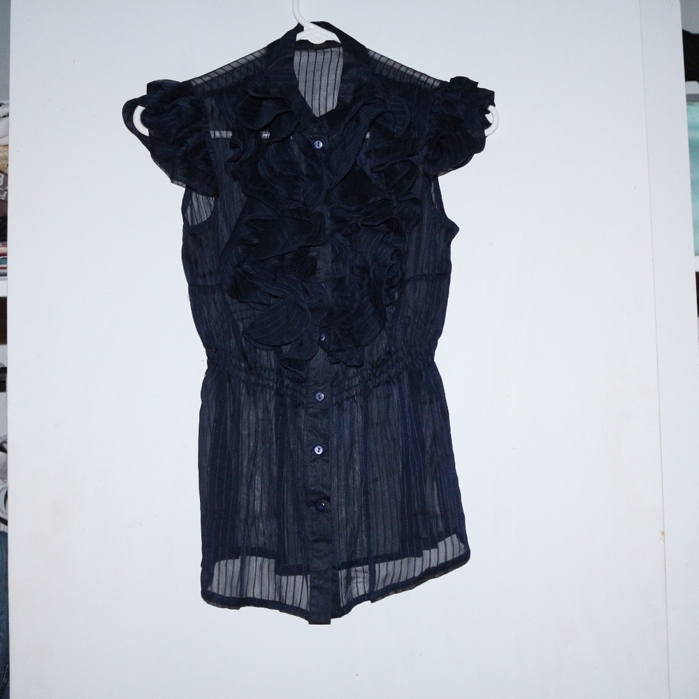 Forever 21 Sheer Ruffle Navy Blue Blouse , small S